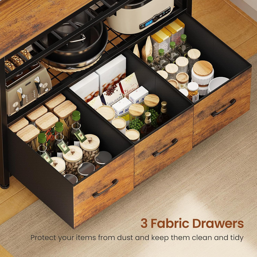 Itaar Bakers Rack with Storage and Power Outlet, 35.4 inch Coffee Bar Cabinet, Microwave Stand Kitchen Cabinet with Hutch, LED Lights, Wine Rack and Hooks, Rustic Brown