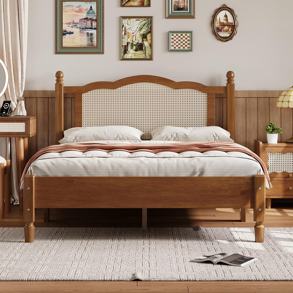 Full Size Wood Bed Frame with Rattan Headboard, Solid Wood Platform Bed Frame...