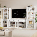 TUSY 71" TV Stand Storage Set - 2 Tall Bookcases & 2 Side Cabinets, Media Console with Glass & Wood Doors, Entertainment Center with Drawers, Tall Media Console for Living Room (White, AFFA)