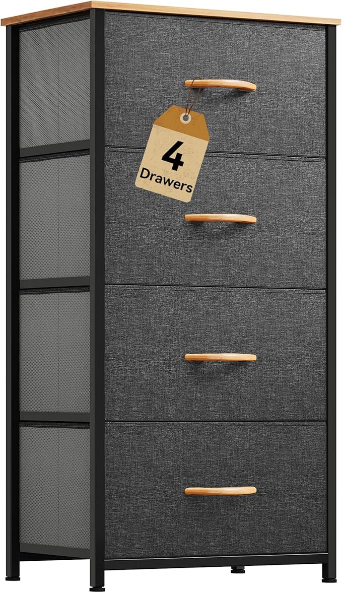 DWVO 4 Drawers Dresser, Small Dresser for Bedroom, Fabric Storage Tower, Chest of Drawers, Organizer Unit for Closets, Living Room, Sturdy Steel Frame, Wooden Top, Easy Pull Handle