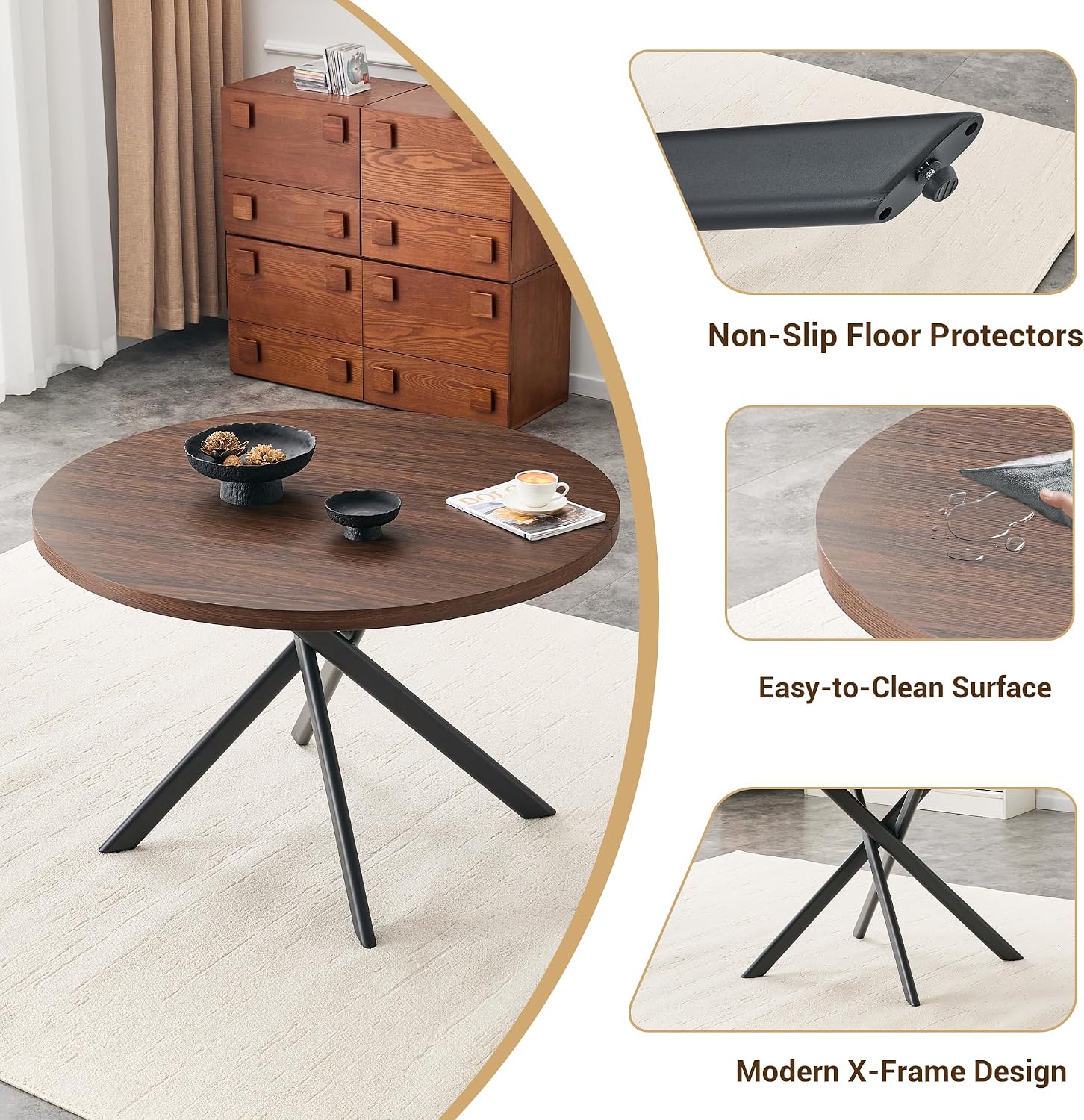 46.4" Round Dining Table Set for 4, Modern Kitchen Table Chairs Set of 4 Wood Dining Table Upholstered Chair with Metal Leg for Dining Room (Brown-2, 46.4" Walnut Table + 4 Chairs)