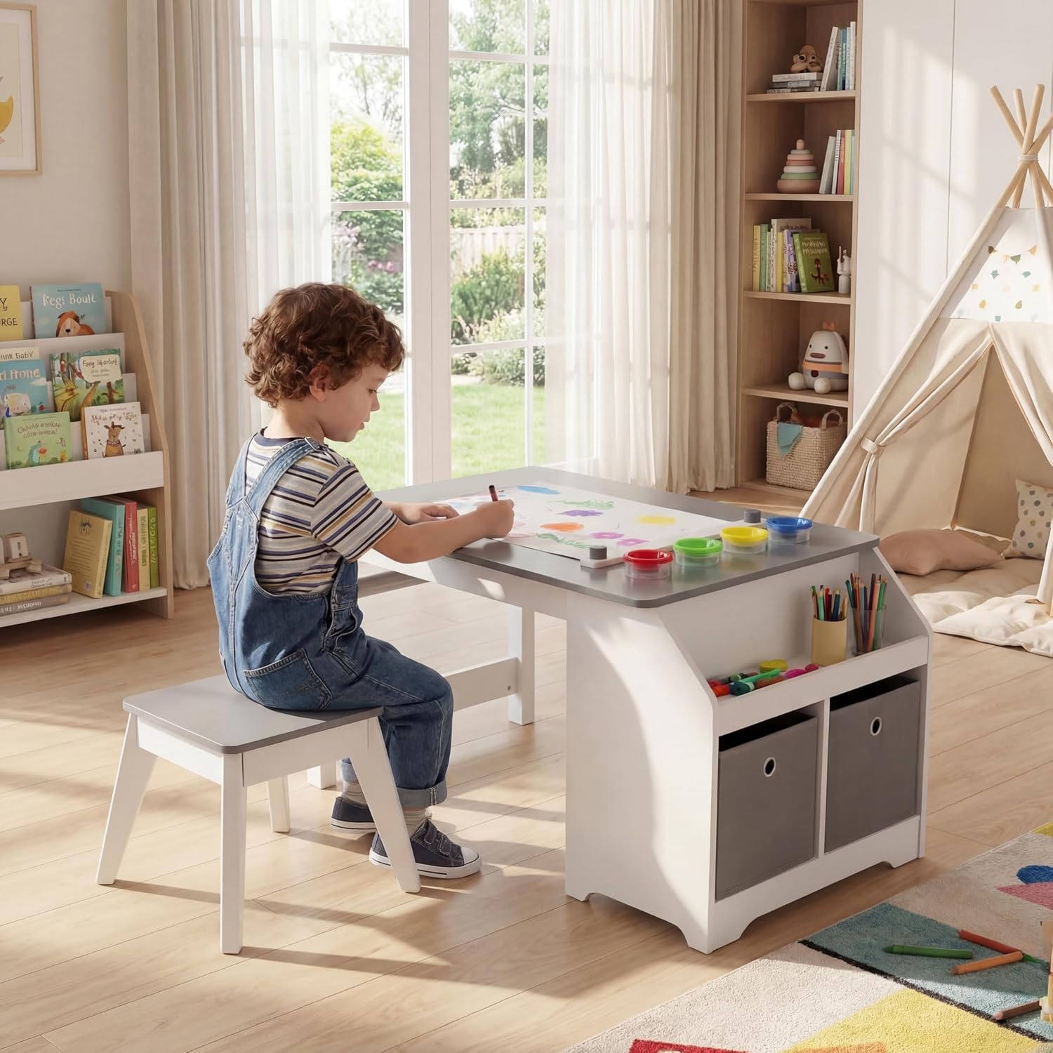 GLACER Kids Art Table and Chairs, Wooden Toddler Craft Table with Paper Roll & 4 Paint Cups, Activity Desk with Storage Shelves and 2 Fabric Bins, Art Station for Playroom, Nursery