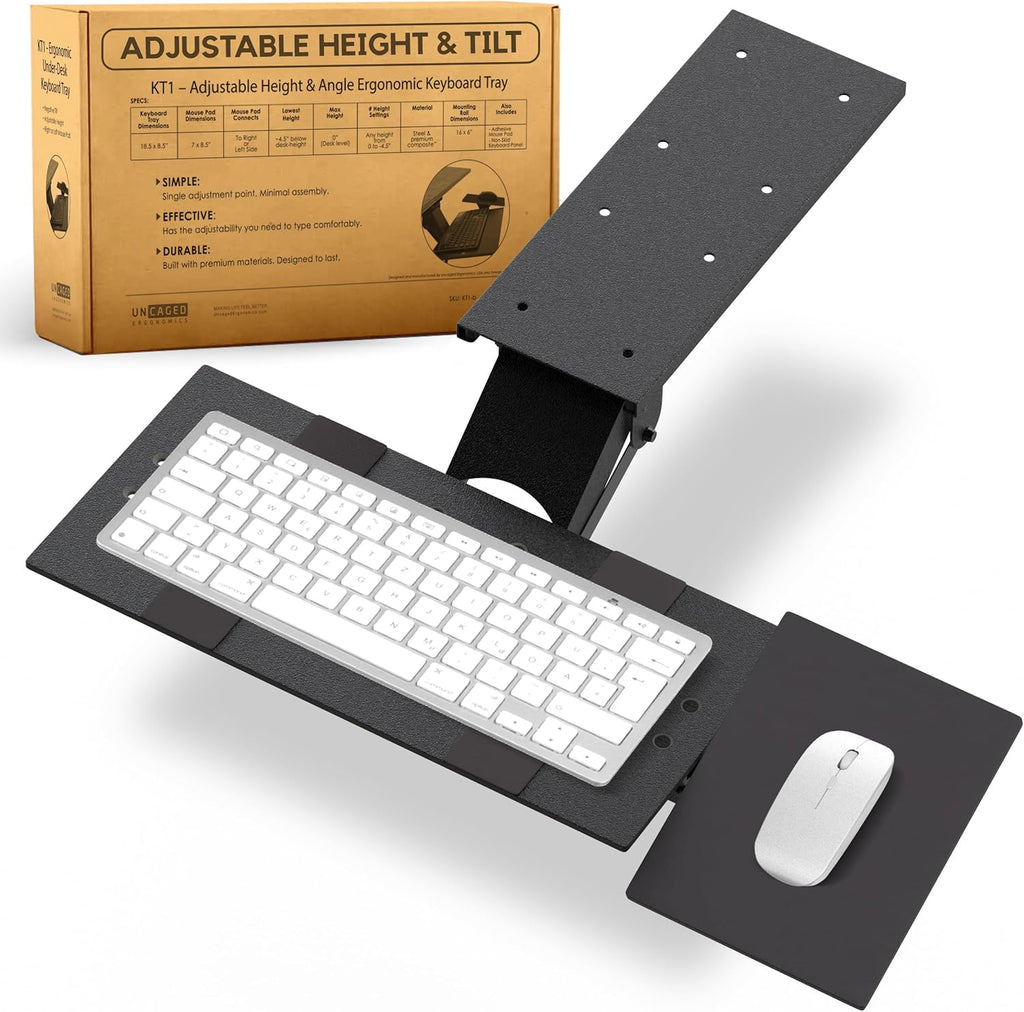 KT1 Ergonomic Keyboard Tray Under Desk - Under Desk Keyboard Tray Slide Out with Adjustable Height and Tilt - Easy to Slide and Swivel 360 Degree - Keyboard Drawer with Adjustable Mouse Pad