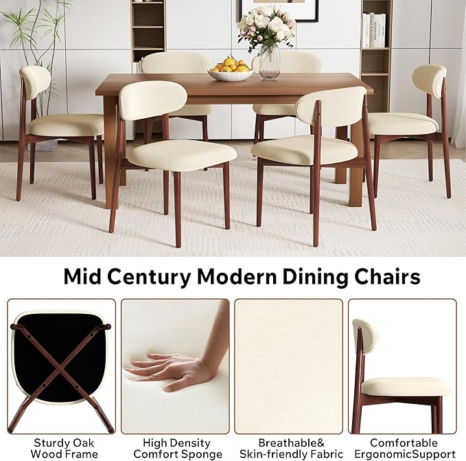 Wooden Dining Chair Set of 3, Modern Dining Chairs with with Curved Back, Fabric Upholstered Kitchen Dining Room Chairs with Adjustable Legs for Farmhouse Dining Living Room,Beige