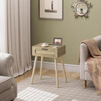 HAIOOU Nightstand with Charging Station Rattan Drawer, Mid Century Modern Side Table, End Beside Table with Pine Wood Legs Storage for Bedroom Living Room