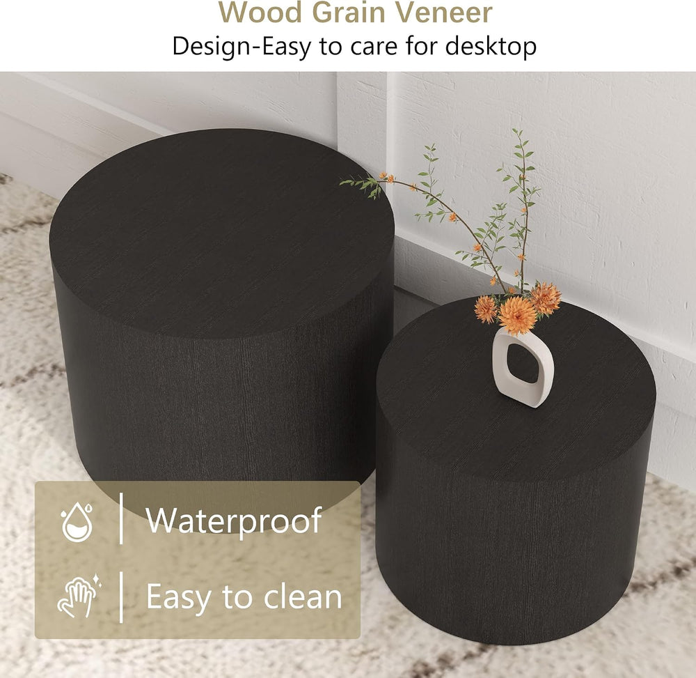 Nesting Coffee Table Set of 2, Round Coffee Table, Black | Modern Wooden Circ...