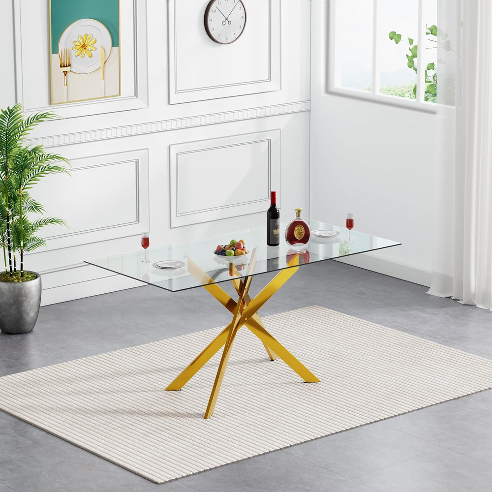 Gold Glass Dining Table for 4 Modern 51.2" Rectangular Kitchen Dining Ro...