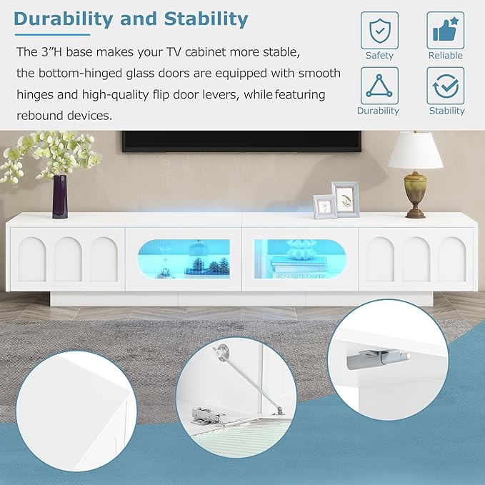 Ball & Cast Modern TV Stand with Fluted Tempered Glass Doors for TVs up to 95'', Entertainment Center w/Led Lights, Cabinets & 2 Drawers,Arched Door Design,Media Console for Living Room,White