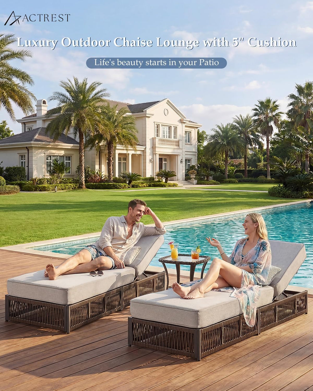 Luxury Outdoor Chaise Lounge Chairs of 2 with 5 Inch Thick Cushions and Side ...