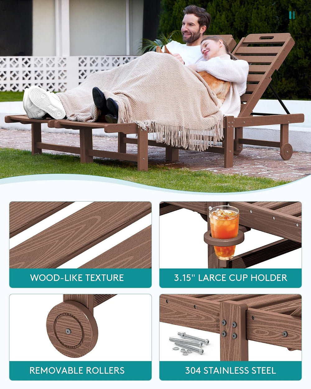 SERWALL HDPE Outdoor Chaise Lounge Set of 2 with Cup Holder & Wheels, Brown