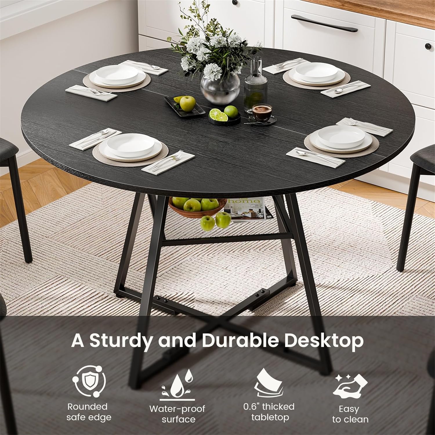 DUMOS 47" Round Dining Table for 4-6, Space Saving Kitchen Table with Dual-Tier Storage, Pedestal Metal Frame, Industrial Farmhouse Circle Dinner Table for Apartment, Black
