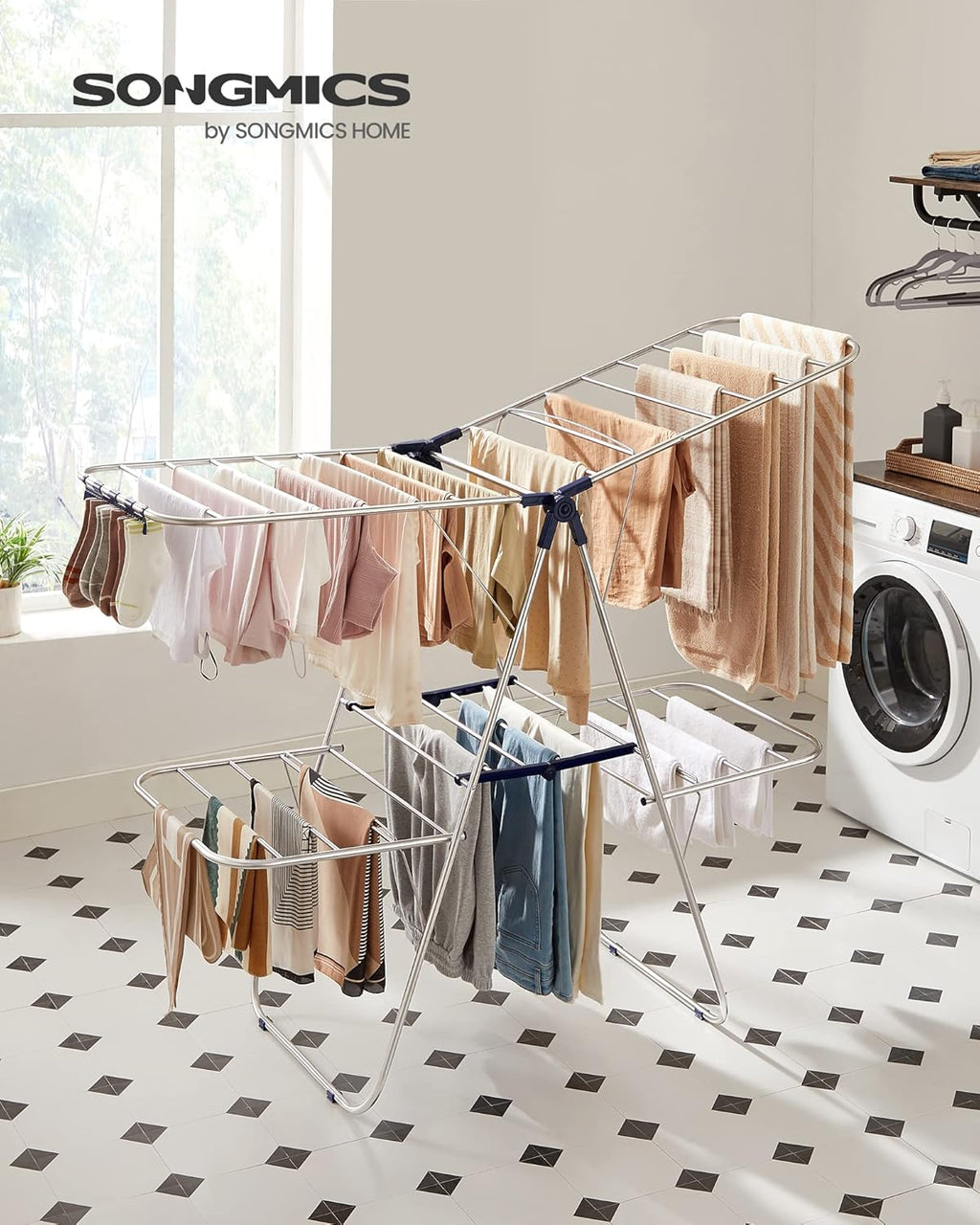 SONGMICS Clothes Drying Rack, Foldable 2-Level Laundry Drying Rack, Free-Standing Laundry Airer, with Height-Adjustable Wings, 33 Drying Rails, Sock Clips, Silver and Blue ULLR53BUV1