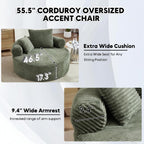 Oversized Round Chair Lounge Chaise Indoor, 55.5" Upholstered Corduroy Deep Seat Single Cloud Sofa Chair, Fluffy Modern Large Circle Boneless Sleeper Sofa for Living Room, Bedroom, Green