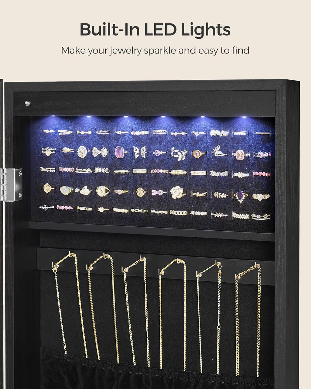 SONGMICS Hanging Jewelry Cabinet, Wall-Mounted Cabinet with LED Interior Lights, Door-Mounted Jewelry Organizer, Full-Length Mirror, Christmas Gift Idea, Ink Black UJJC099B01