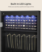 SONGMICS Hanging Jewelry Cabinet, Wall-Mounted Cabinet with LED Interior Lights, Door-Mounted Jewelry Organizer, Full-Length Mirror, Christmas Gift Idea, Ink Black UJJC099B01
