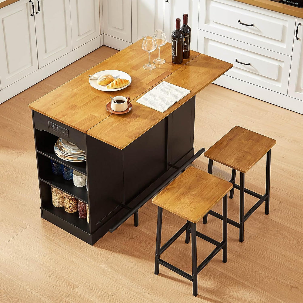 ONBRILL 47" Kitchen Island with Trash Can Storage, Include 2 Chairs, Bla...