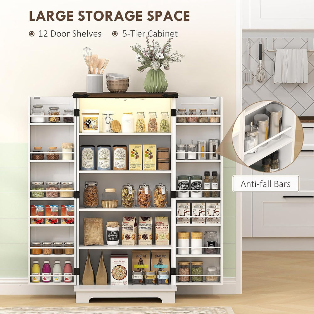 HOMCOM 47" LED Kitchen Pantry Cabinet with Barn Door 5 Deep Shelves Whit...