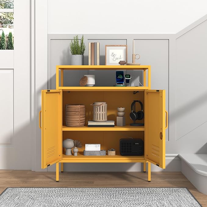 Multifunctional Lockable Storage Cabinet, 3-Tier Side Cabinet with Power Strip & USB Ports, Adjustable Shelf, for Living Room, Home, Office, Yellow 33" H X 29.5" W X 13.8" D