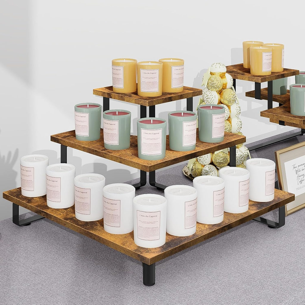 ELITEROO 3 Tier Wooden Retail Display Shelves, Portable Display Rack for Retail Counter Top Craft Shows, 3 Step Corner Tiered Table Display Tower Stand for Cupcake Jewelry Card Sticker Display