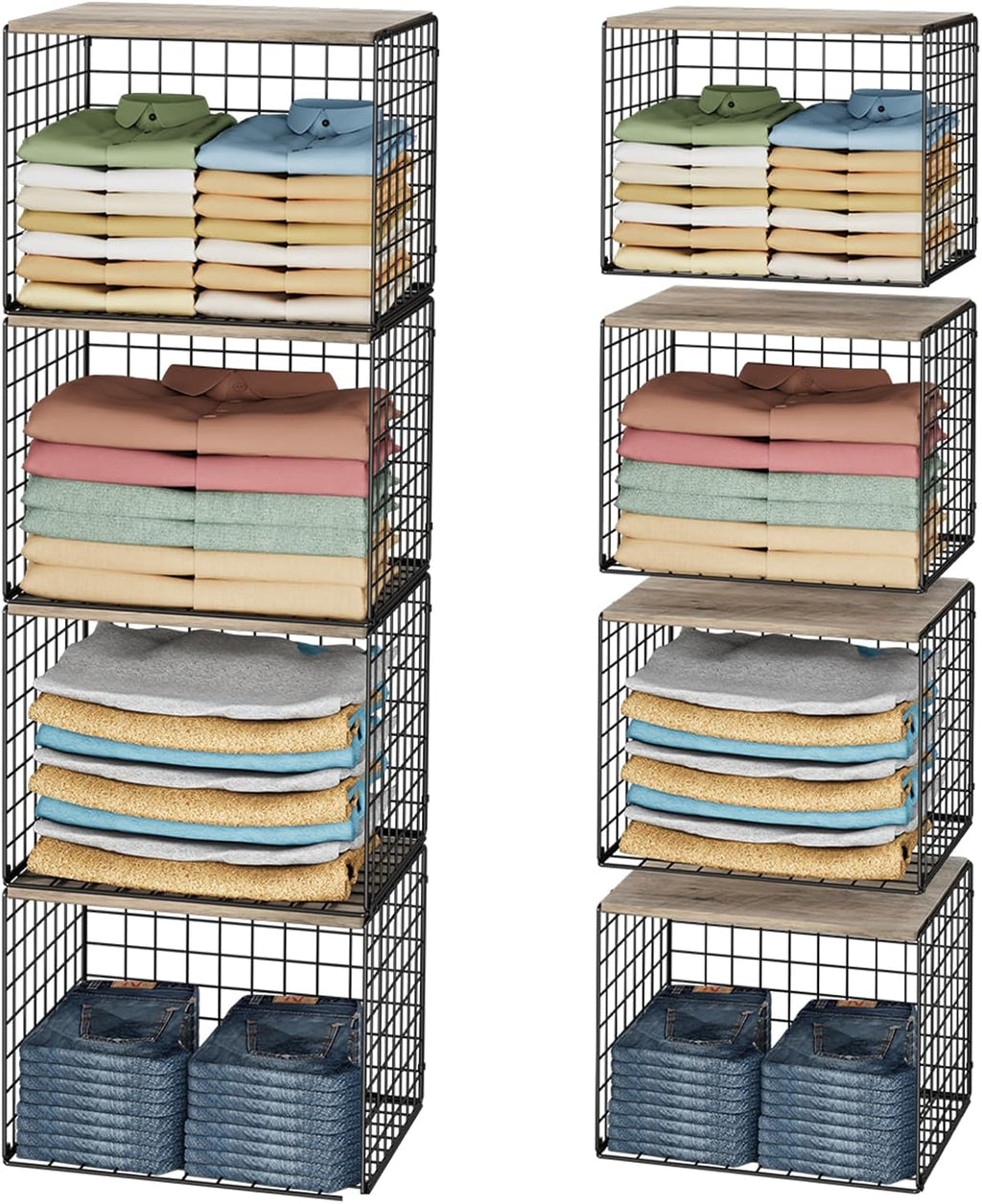 4PCS Wider Closet Organizers and Storage, Stackable Closet Shelf Organizer Storage Bins with Wood Top for Sweaters Jeans, Clothes Organizer Shelves for Wardrobe System Rack, Space-Saving,Sturdy Metal