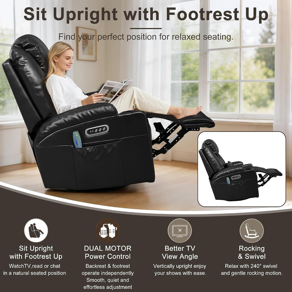 AHMED Dual Motor Power Swivel Rocker Recliner Chair, Faux Leather, Black | El...