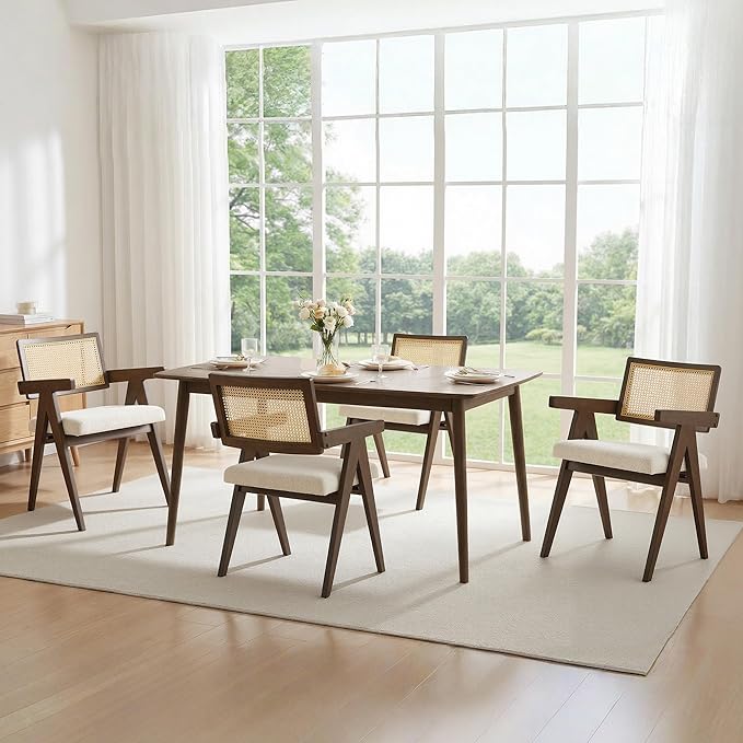 CHITA Rattan Dining Chairs Set of 2, Modern Dining Chair with 2.8inch Cushion, Rubberwood Frame Accent Chairs for Dining Room/Kitchen/Living Room, Walnut