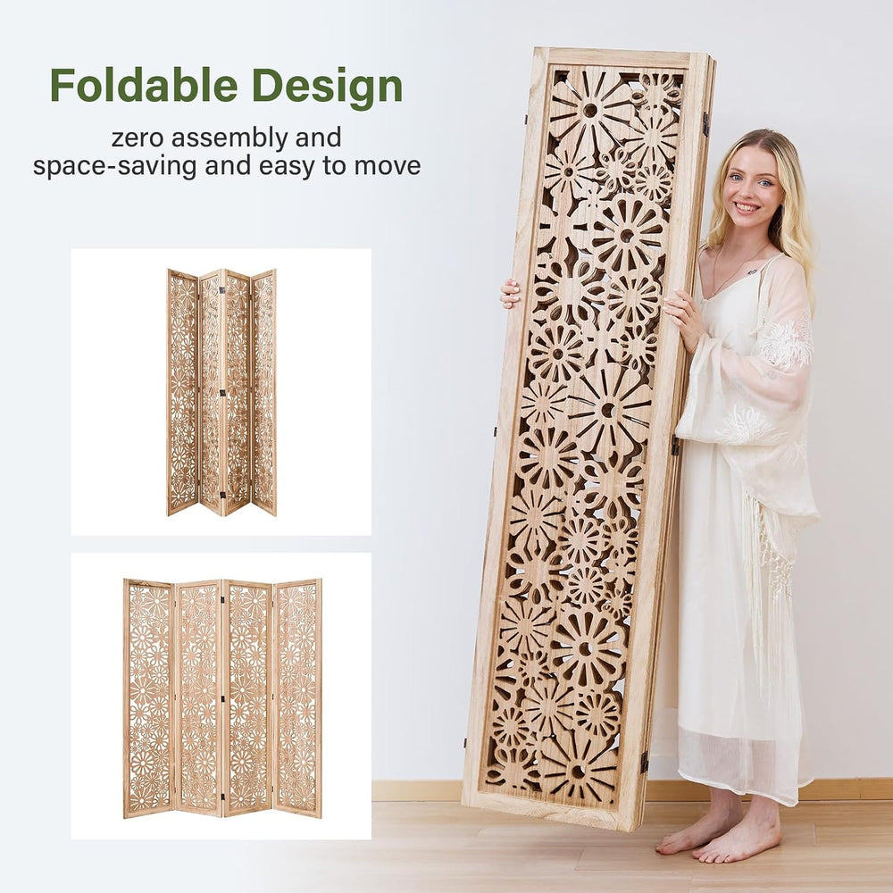 Folding Wood Room Divider Panel, 67 Inch Tall Daisy-Carved Privacy Screen - N...