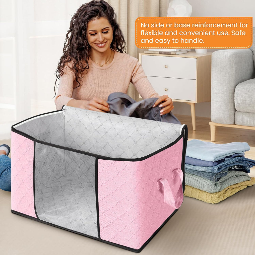Fab totes 24 Gallons Clothes Storage, Foldable Thick Fabric Blanket Storage Bags, Containers for Organizing Bedroom, Closet, Clothing, Comforter, Organization with Handle (10 Pack,Pink)