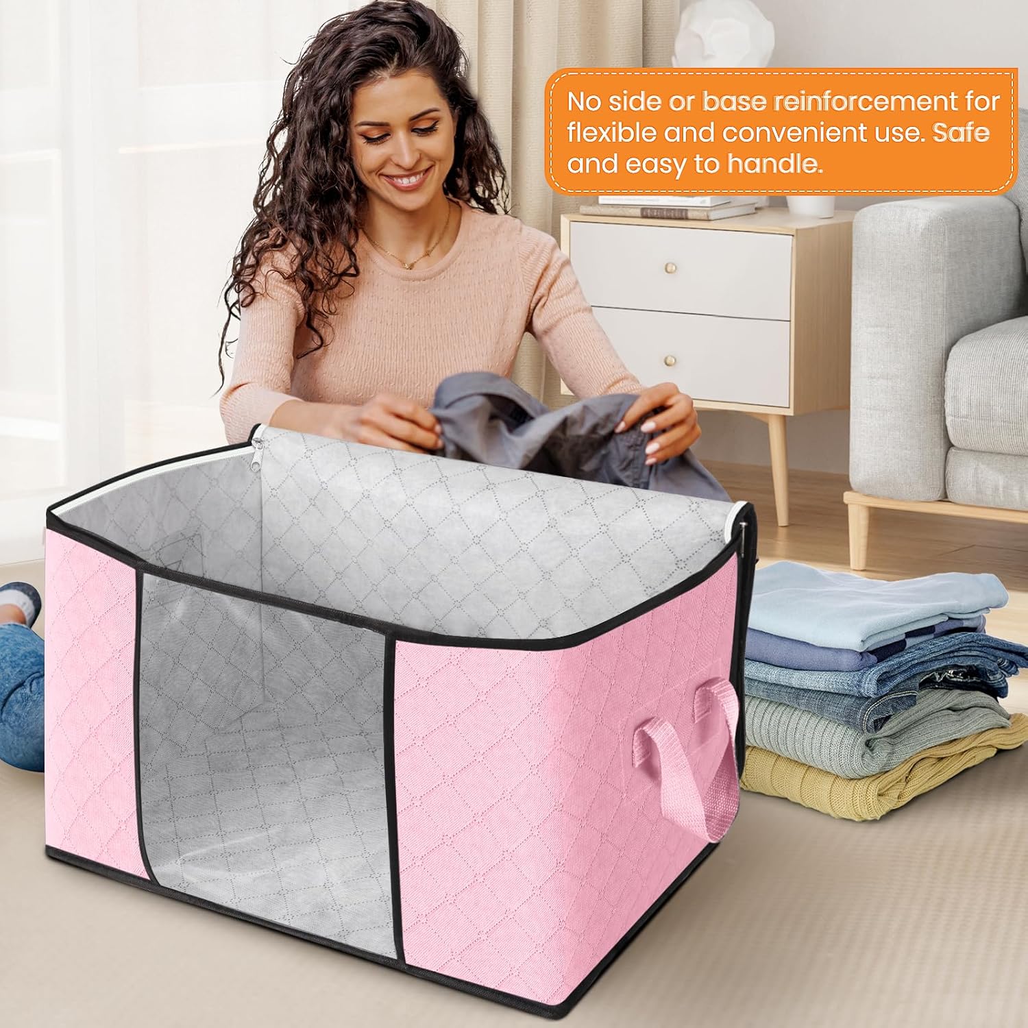 Fab totes 24 Gallons Clothes Storage, Foldable Thick Fabric Blanket Storage Bags, Containers for Organizing Bedroom, Closet, Clothing, Comforter, Organization with Handle (10 Pack,Pink)