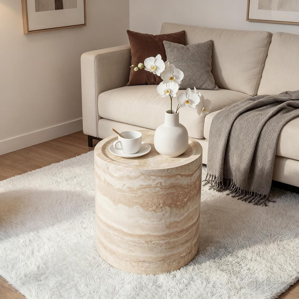 Marble-Effect Cylindrical Side Table Lightweight Fiberglass & Resin Accen...