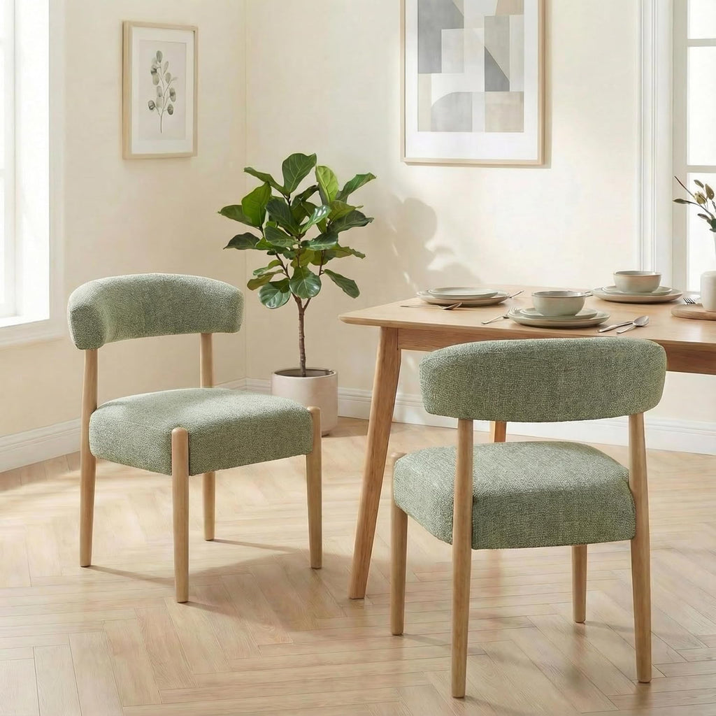 VKNOW Wooden Dining Chairs Set of 4, Modern Upholstered Dining Room Chairs with Rubberwood Legs and Curved Backrest, Fabric Kitchen Chairs for Farmhouse/Living Room/Dining Room, Green
