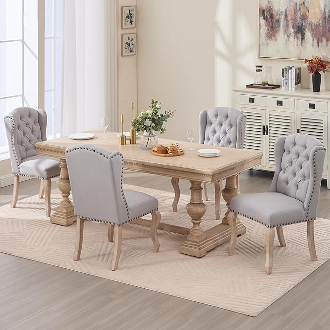 Upholstered Dining Chairs Set of 6 for Kitchen and Dining Room Farmhouse Fabric Tufted Accent Chairs for Living Room and Bedroom with Wooden Legs, Grey