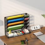 File Organizer Wall Mounted, 4 Tiers Durable Adjustable Metal Desk Organizer, Desktop Hanging File Holder with 4 Pen Slots Stable, 4 Pull-Out Divider for File, Mail, Black, Patent Pending