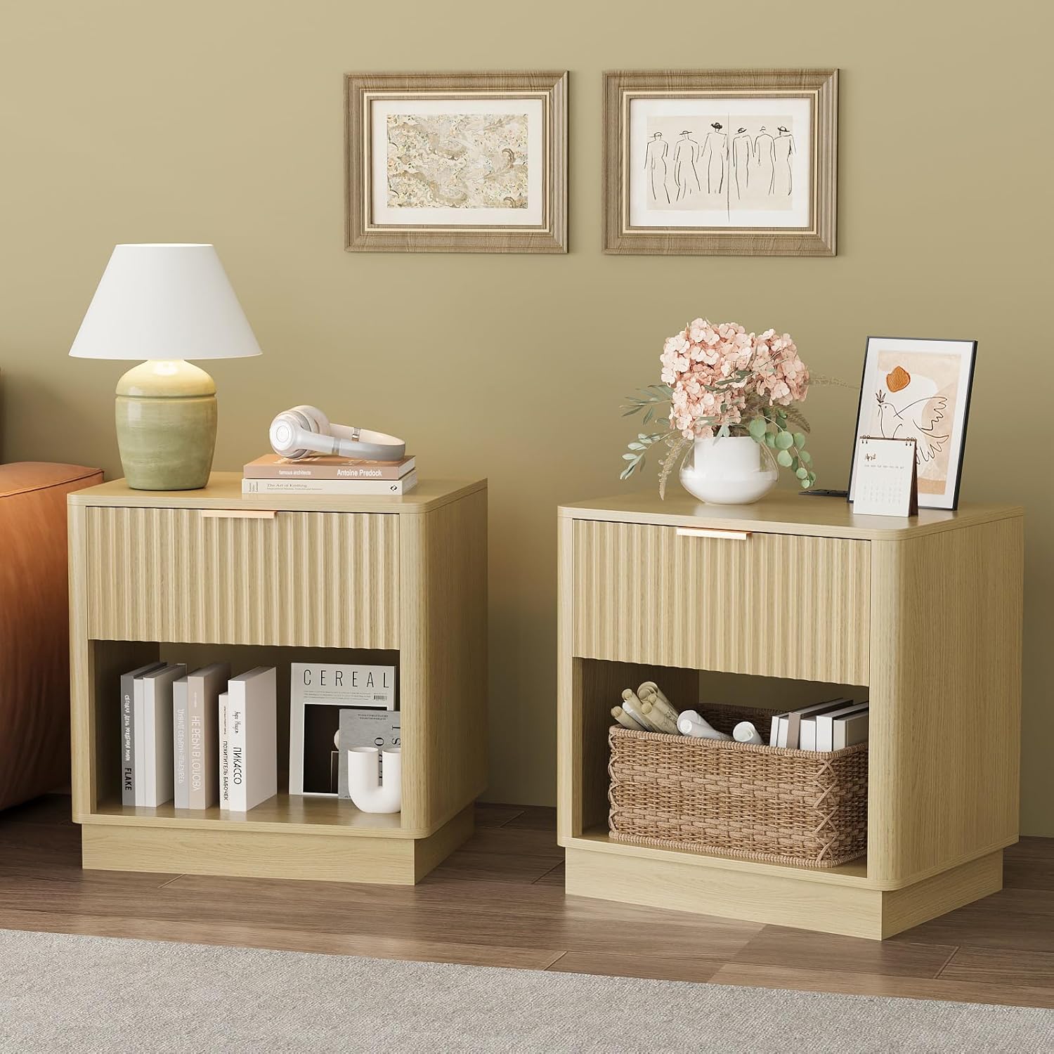 Fluted Nightstand with Charging Station Modern Bedside Table with Drawer and Open Shelf Mid Century End Table with Storage for Bedroom Living Room Sofa Office