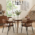 HNY Modern Dining Room Arm Chairs Set of 2, Retro Faux Leather Upholstered Barrel Dining Chairs with Arms Mid-Century Brown Accent Chair with Metal Legs, Open-Back Kitchen Side Chair for Living Room