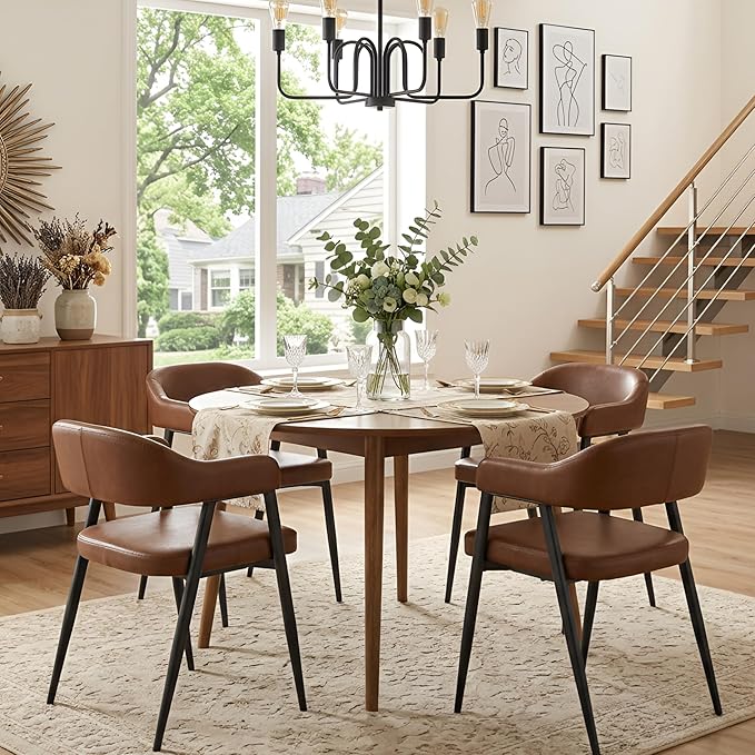 HNY Modern Dining Room Arm Chairs Set of 2, Retro Faux Leather Upholstered Barrel Dining Chairs with Arms Mid-Century Brown Accent Chair with Metal Legs, Open-Back Kitchen Side Chair for Living Room