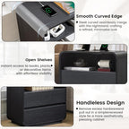 Curved Black Nightstand with Charging Station, 25" Tall Wood Night Stand, Modern Bedside Table with 2 Storage Drawers, End Table for Bedroom, Dorm, Sofa, Office