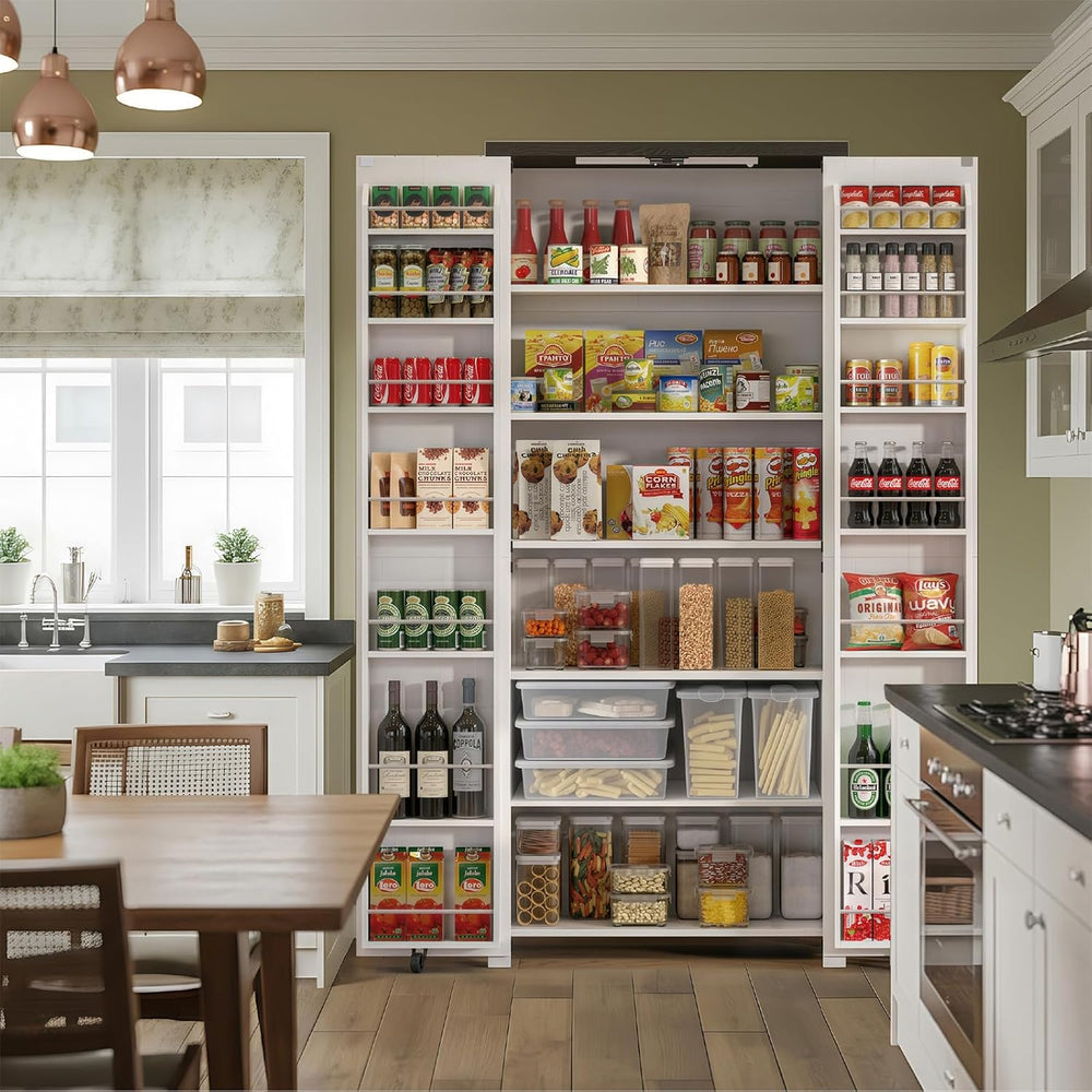 Food Pantry Storage Cabinet with Led Light, 71" Tall Farmhouse Kitchen P...