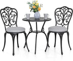 NUU GARDEN Bistro Set 3 Piece Outdoor All Weather Cast Aluminum Patio Bistro Set Patio Table and Chairs Set of 2 with Umbrella Hole and Gray Cushions for Backyard, Balcony, Lawn, Black