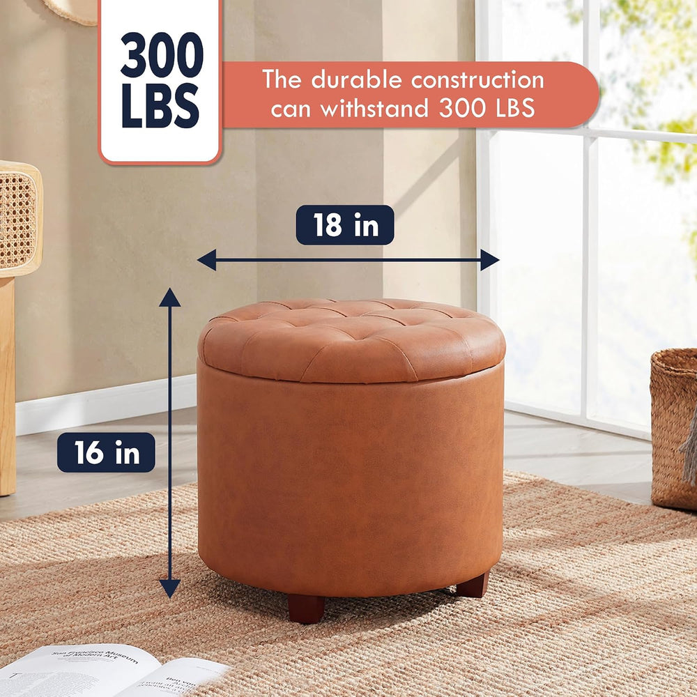 Ornavo Home 18" Round Storage Ottoman with Lid, Holds 300 lbs, Cognac | ...
