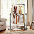 COSTWAY Double Rod Clothing Rack, Heavy-Duty Metal Garment Rack with Extendable Height & Width, Adjustable Rolling Closet Rack for Hanging Clothes with Wheels for Dressing Room, Laundry, Living Room