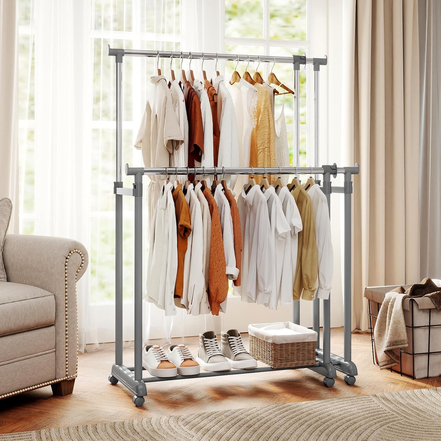 COSTWAY Double Rod Clothing Rack, Heavy-Duty Metal Garment Rack with Extendable Height & Width, Adjustable Rolling Closet Rack for Hanging Clothes with Wheels for Dressing Room, Laundry, Living Room