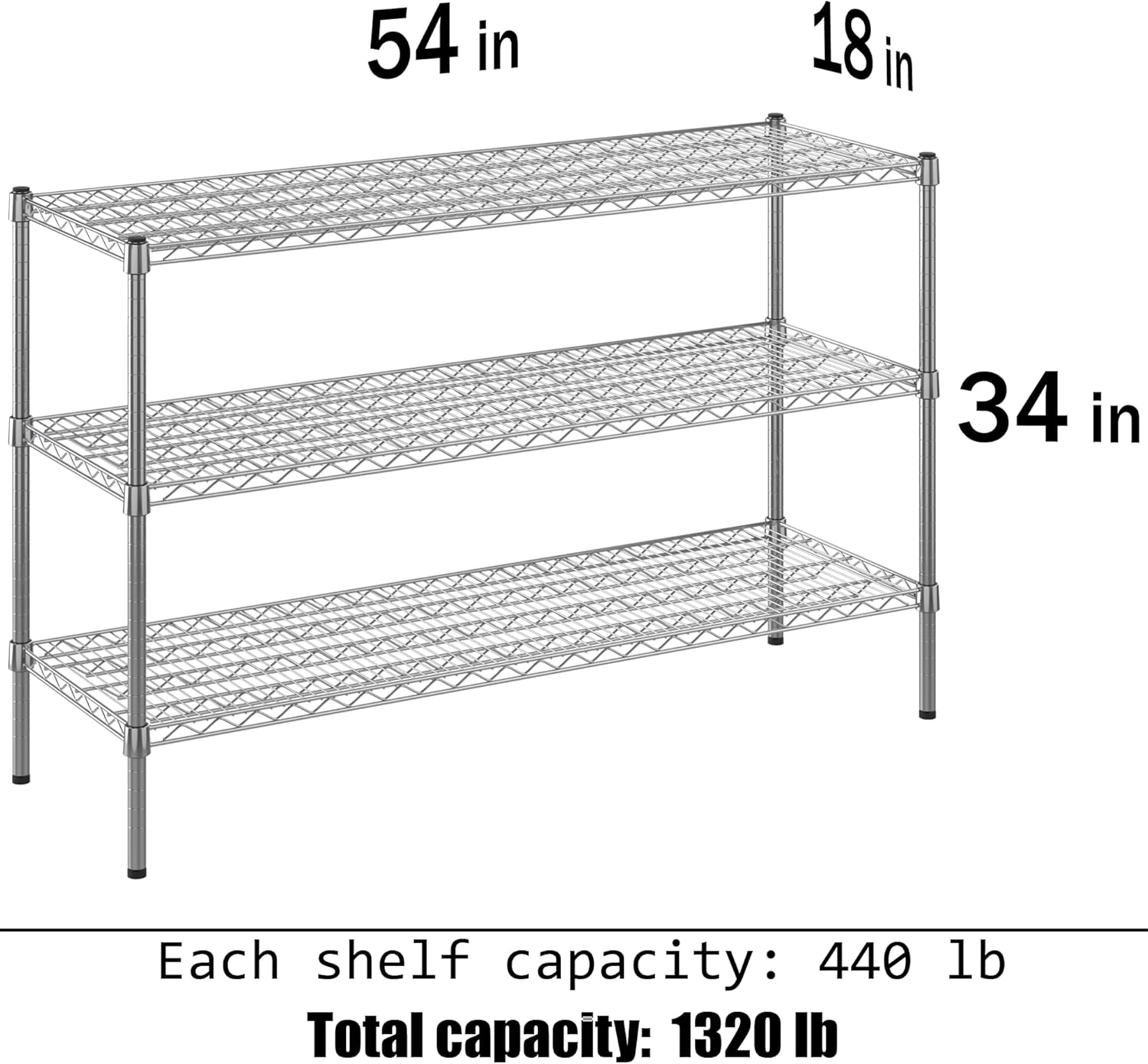 18" Deep x 54" Wide x 34" Height Wire Shelving Kit | 3-Tier | NSF Commercial Storage Rack Unit