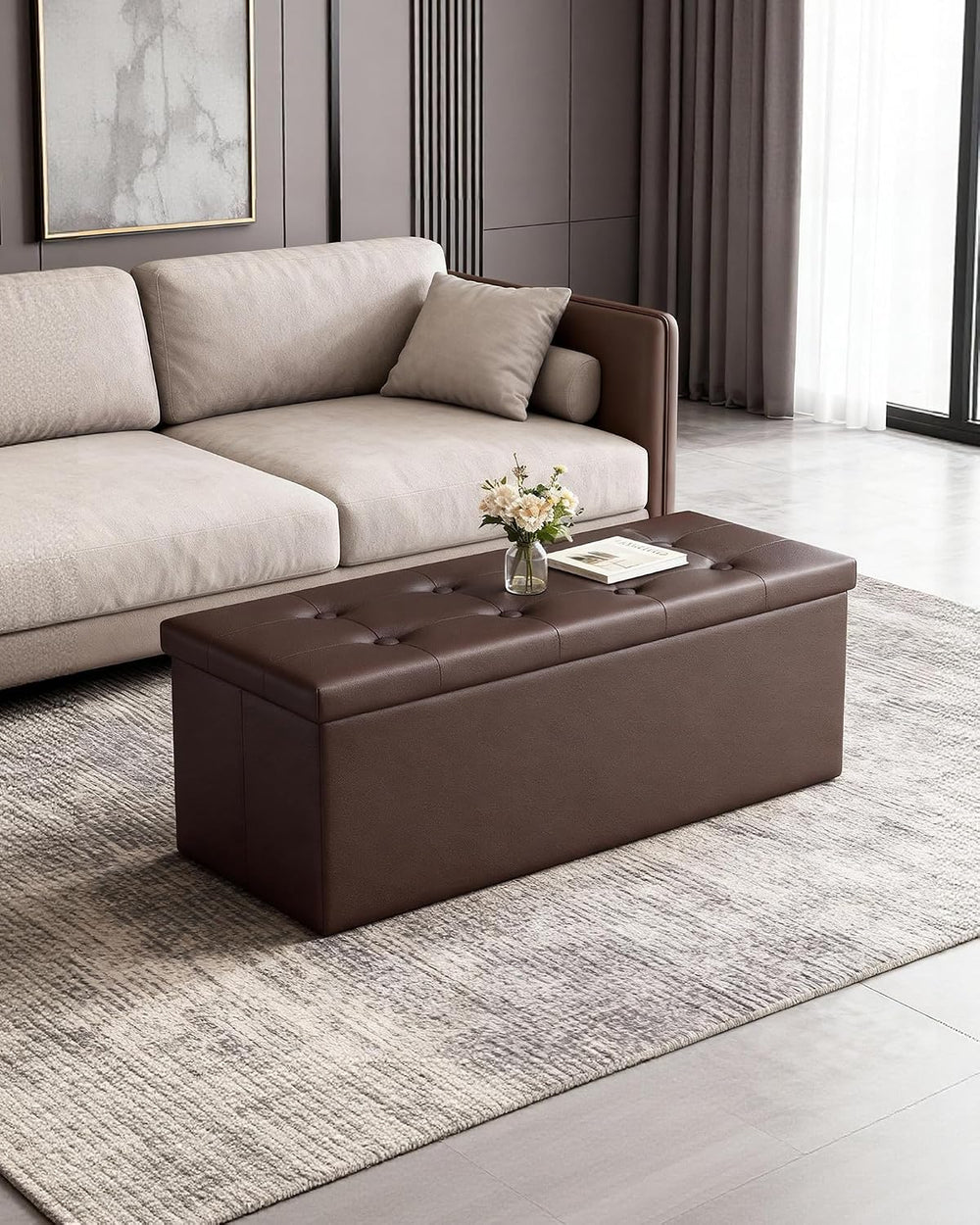 LITZFUR 43" Storage Ottoman Bench, Folding Faux Leather Chest, Brown | S...