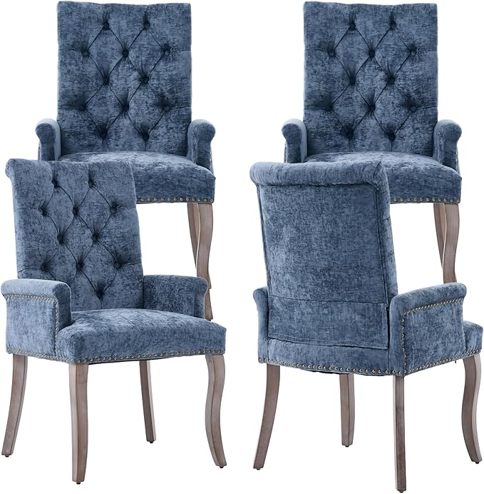 Upholstered Tufted Chenille Dining Chairs with Arms & Nailhead Trim – Solid Wood Frame & Legs, Modern Farmhouse for Dining, Kitchen & Living Room (Set of 4, Blue)