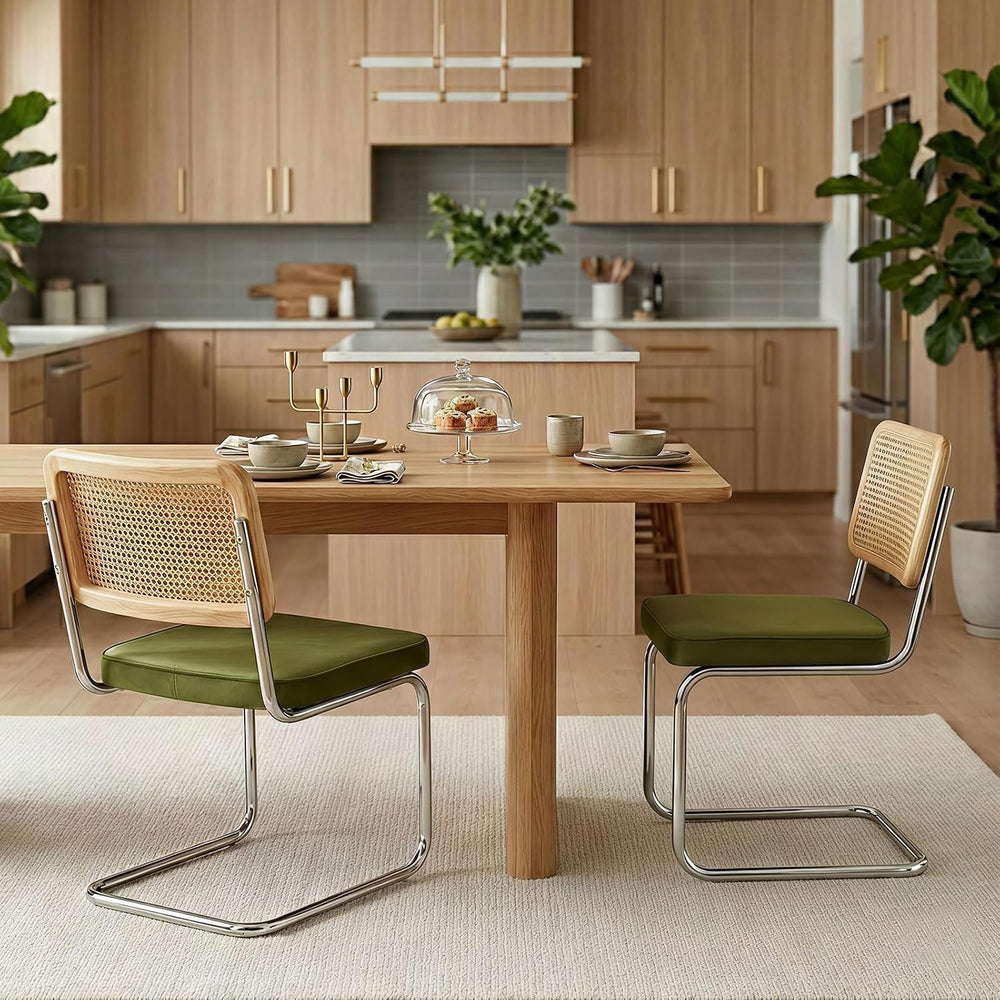 Rattan Dining Chairs Set of 2,Mid Century Modern Cane Back Chairs with Velvet...