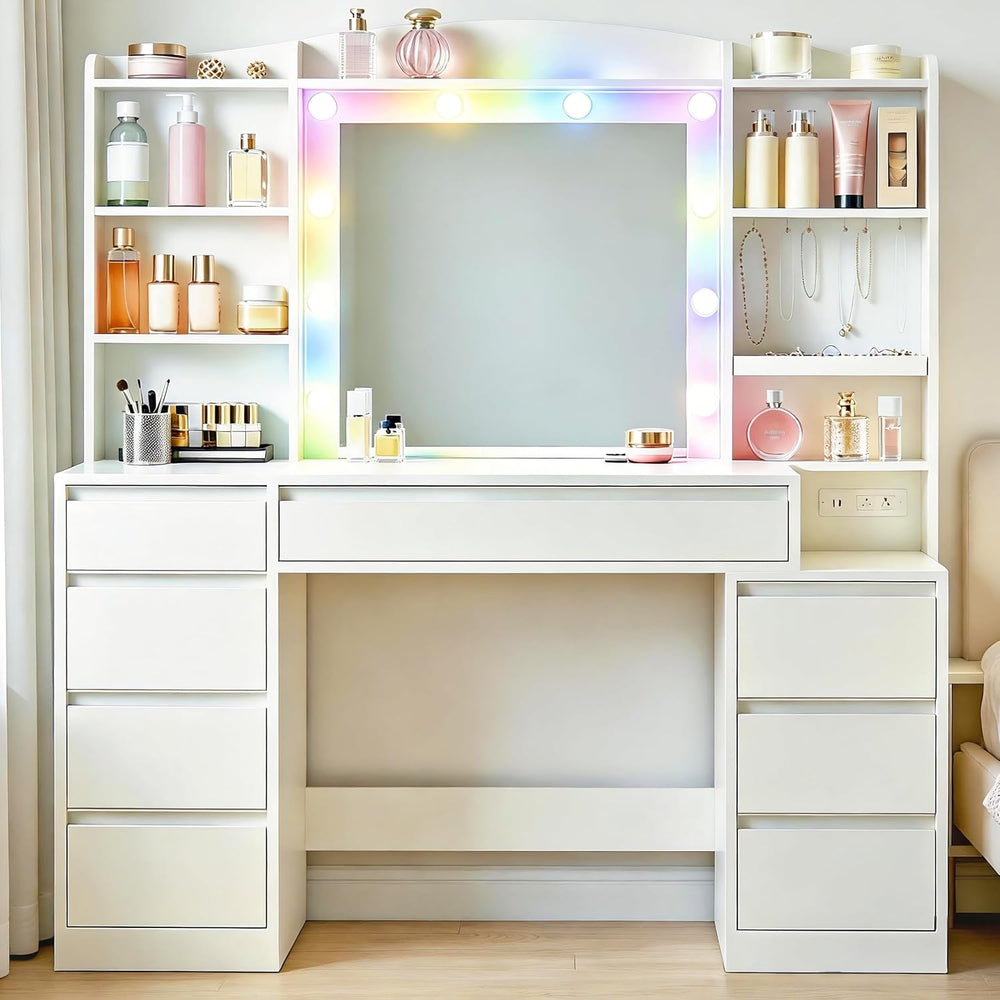 HEXCELEN 47" Vanity Desk with LED Lights, 8 Drawers, 20" Mirror, 2A...