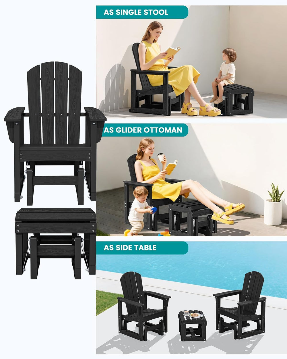 SERWALL HDPE Outdoor Glider with Ottoman Set of 4, All-Weather Patio Glider