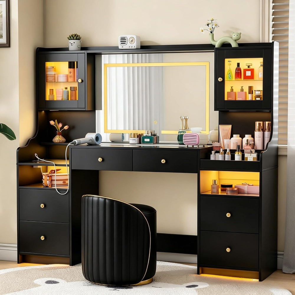 wanan 62" Large Black Vanity Desk with Glass Top, Makeup Vanity with Mir...