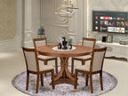F7MZ5-50N-04 5-Pc Dining Table Set Includes a Pedestal Dinner Table and 4 Light Tan Polyester Fabric Parson Chairs with Padded Back- Antique Walnut